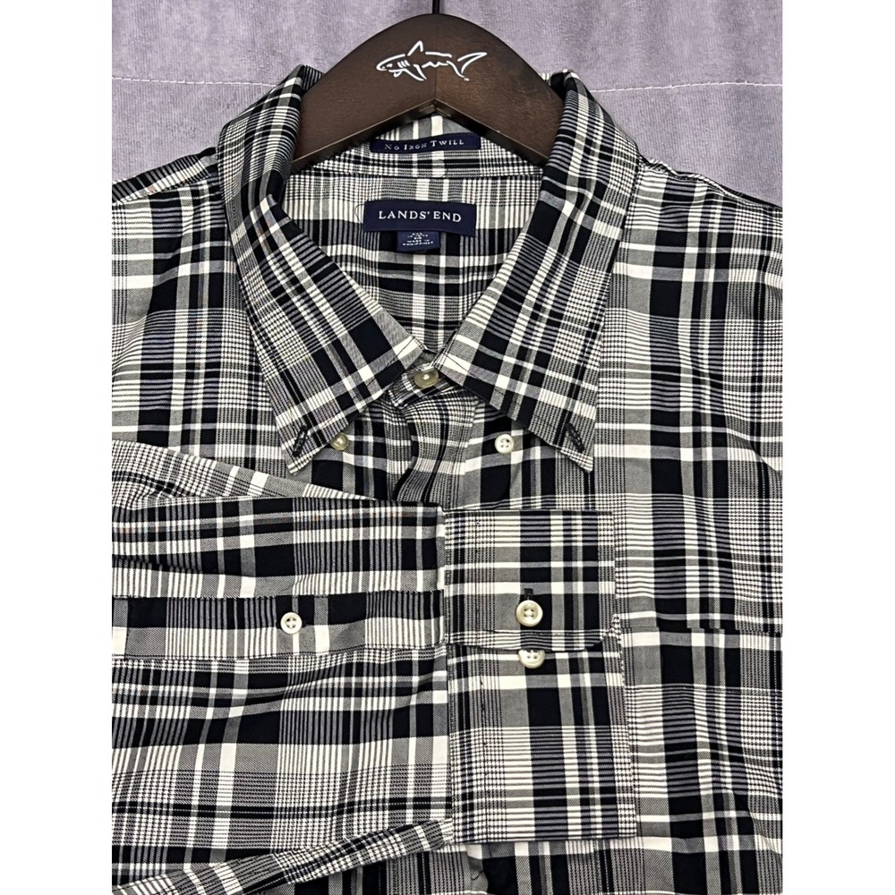 Lands' End Button Down Shirt Mens 3XL Black White Excellent No Iron Twill Plaid - Picture 1 of 6